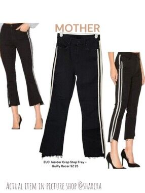 MOTHER Women Insider Crop Step Fray Guilty Racer Black White High Waist Jeans 25
